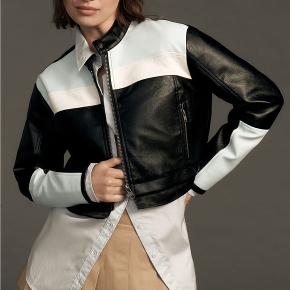 Anthropologie Jackets & Blazers - Anthropologie Maeve Cropped Colorblock Bike Jacket Black White Vegan Leather